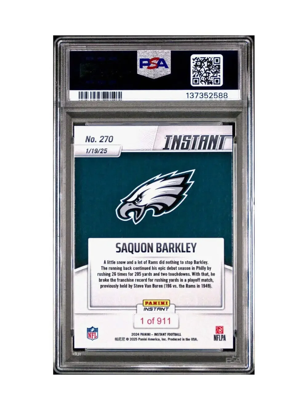Saquon Barkley 2024 Panini Record Breaker NFL #270 Philadelphia Eagles PSA 10